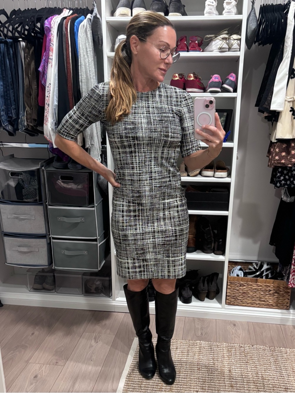 Theory Black and Gray Plaid Midi Sheath Dress